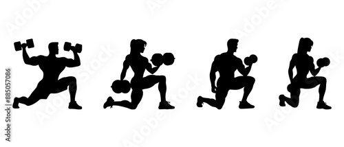 Male and female bodybuilder with exercise equipment silhouettes. Workout pose black filled vector Illustration icon.