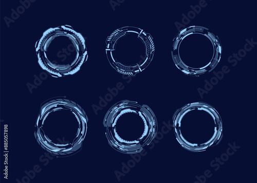 Futuristic user interface elements. Holographic hud UI elements, hi-tech panels and frames. Set of HUD interface icons vector illustration. Round borders