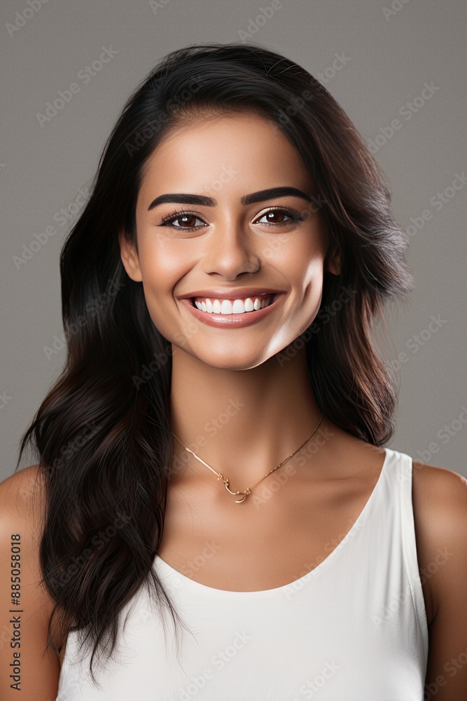 Beautiful young Asian Indian woman smiling with clean teeth closeup portrait for a dental ad Beautiful young Asian Indian woman smiling with clean teeth closeup portrait for a dental ad
