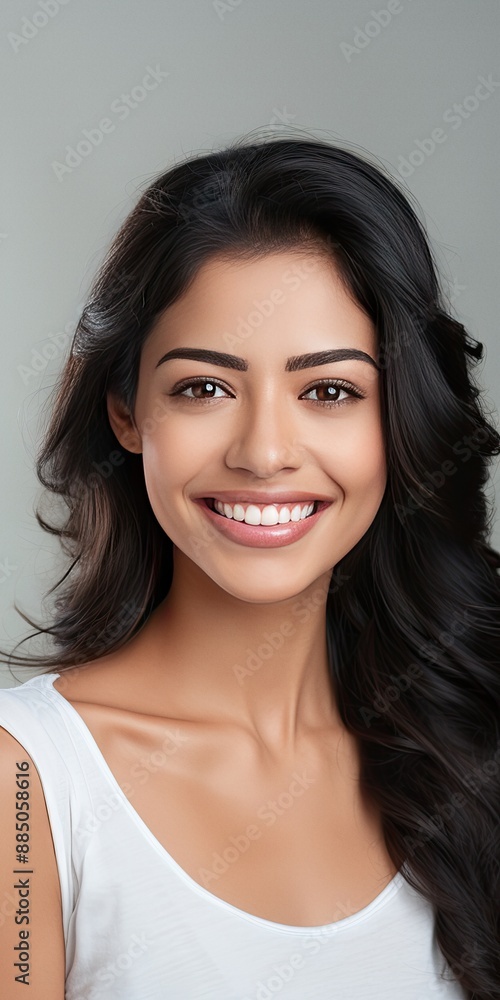 Beautiful young Asian Indian woman smiling with clean teeth closeup portrait for a dental ad Beautiful young Asian Indian woman smiling with clean teeth closeup portrait for a dental ad