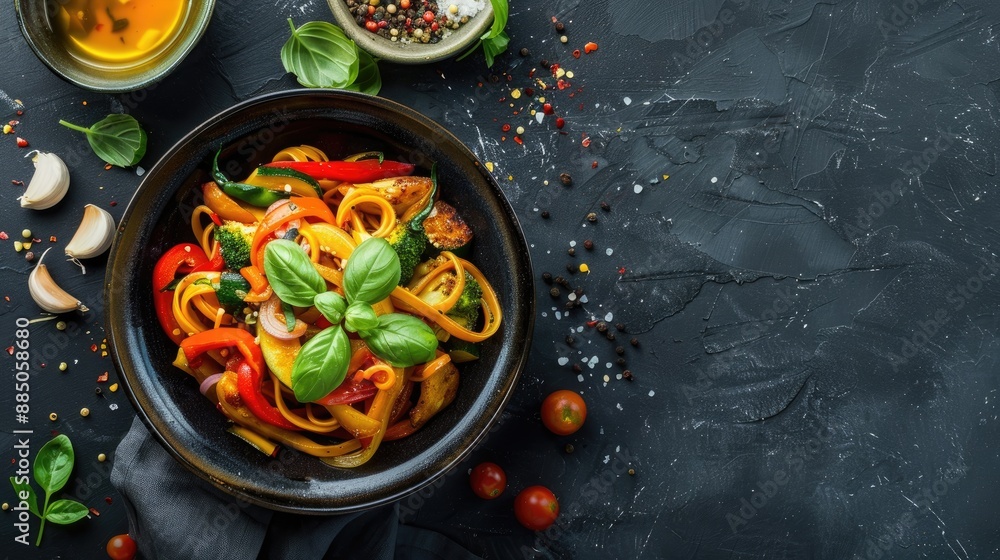 Top view of vegetable stir fry with ginger and garlic noodles in a bowl with empty space Top view of vegetable stir fry with ginger and garlic noodles in a bowl with empty space