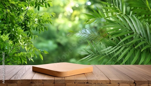 Wooden podium surrounded by lush tropical forest for product presentation with green background, podium, wooden