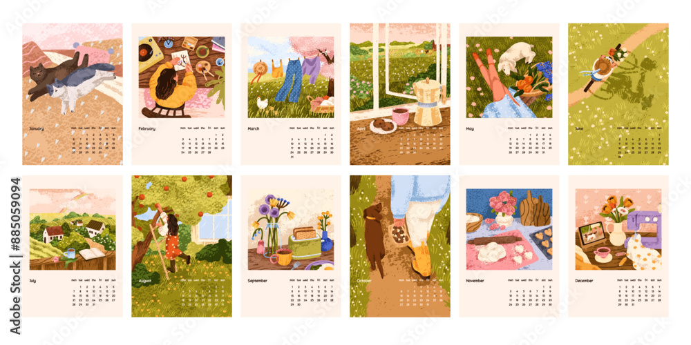 12 months calendar design. Year calender template with cute cozy nature paintings. Vertical backgrounds, posters from January to December for wall, planner, diary pages. Flat vector illustration 12 months calendar design. Year calender template with cute cozy nature paintings. Vertical backgrounds, posters from January to December for wall, planner, diary pages. Flat vector illustration