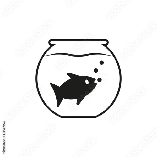 A fish eats food in an fishbowl. Glass aquarium of a round shape. Vector simple illustration on white background.