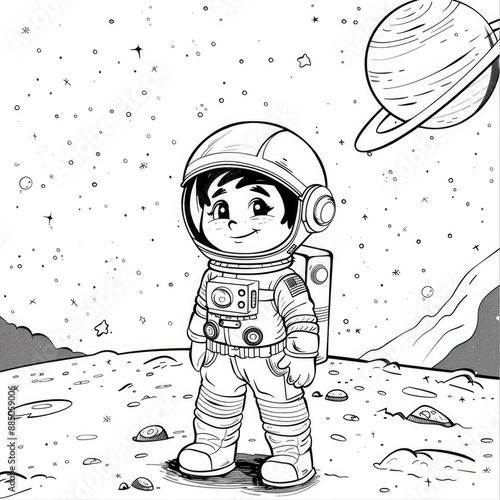 Space boy color me, a coloring page with an adventurous young astronaut