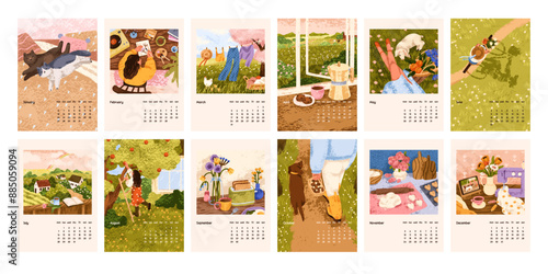 12 months calendar design. Year calender template with cute cozy nature paintings. Vertical backgrounds, posters from January to December for wall, planner, diary pages. Flat vector illustration