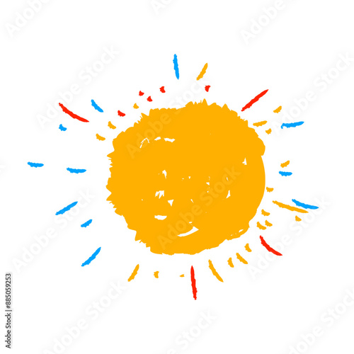 Sole giallo con raggi colorati, sole, illustrazione, grafica, dipinto, colorato, allegro, disegno, giallo, luminoso, cielo, gioco, arte, estate, natura, cerchio, divertente, stampa, fatto a mano