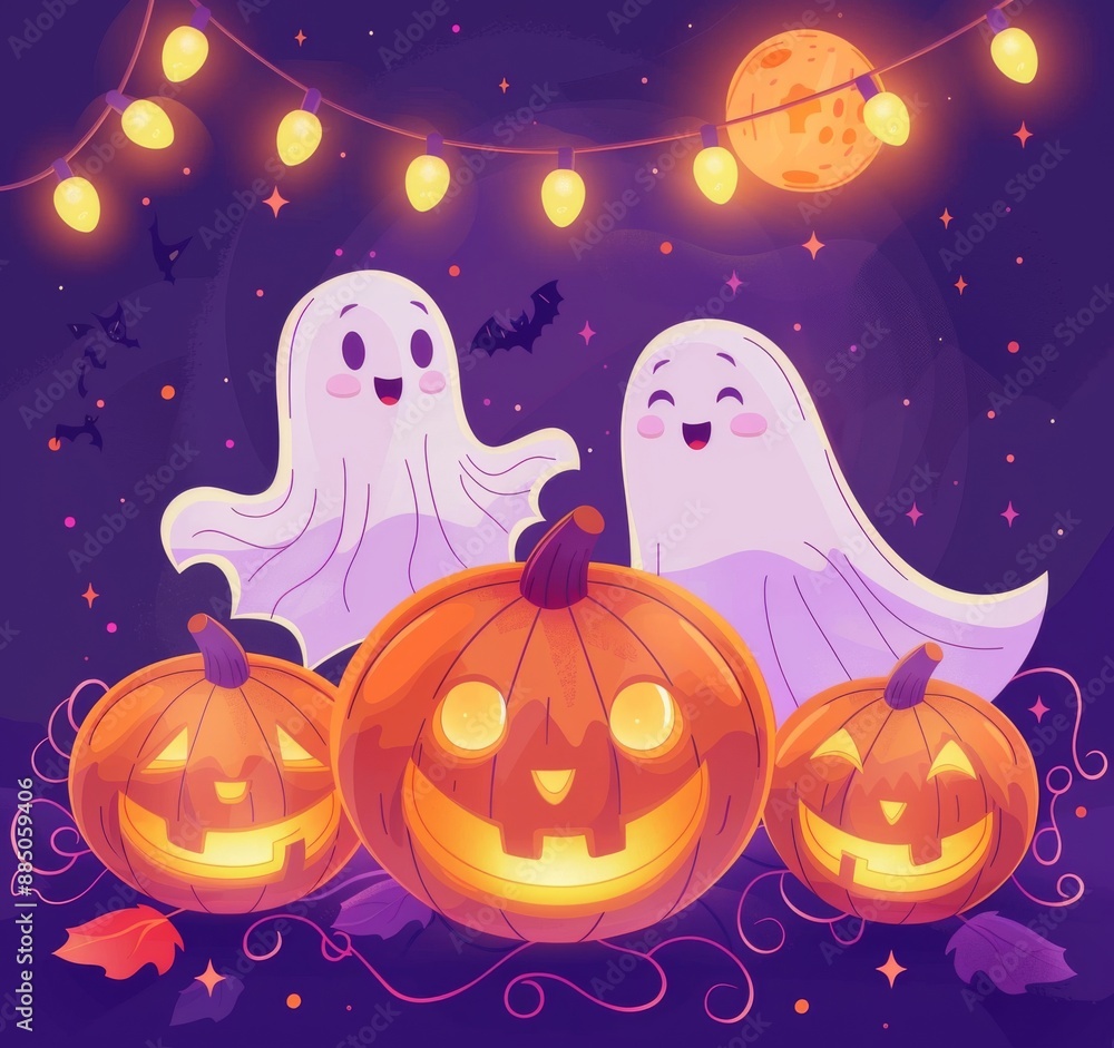 illustration of cartoon cute pumpkins, moon and ghost on purple background for Halloween festival design. illustration of cartoon cute pumpkins, moon and ghost on purple background for Halloween festival design.