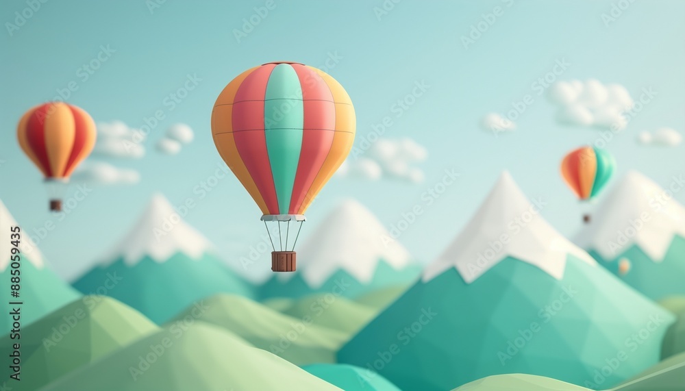 Fototapeta premium Colorful Hot Air Balloons Floating Over Geometric Mountain Landscape Illustration with Soft Clouds in the Background