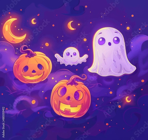 illustration of cartoon cute pumpkins, moon and ghost on purple background for Halloween festival design.