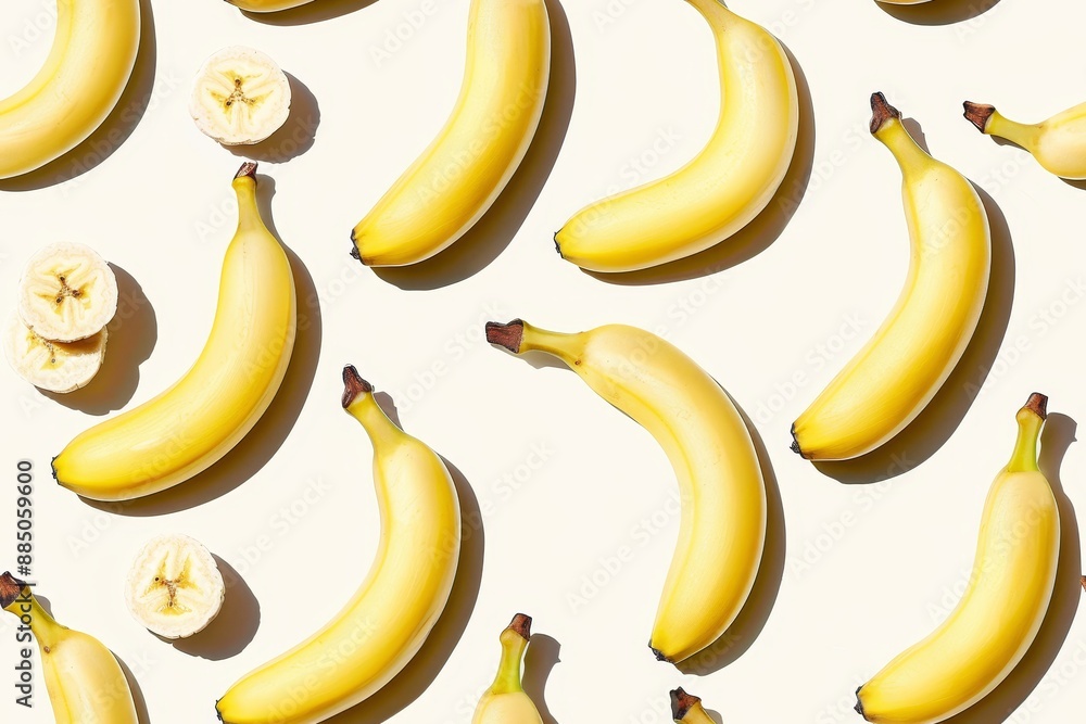 Pattern of whole and sliced yellow bananas, showcasing tropical fruit and healthy nutrition, arranged in a visually appealing, fresh, and organic display Pattern of whole and sliced yellow bananas, showcasing tropical fruit and healthy nutrition, arranged in a visually appealing, fresh, and organic display