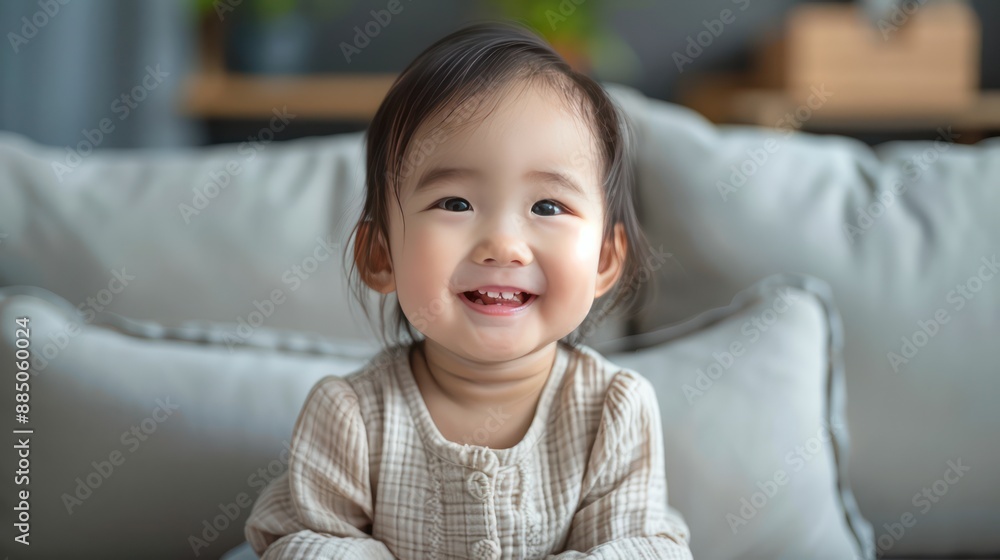 Asian baby girl smiling and sitting on sofa Asian baby girl smiling and sitting on sofa