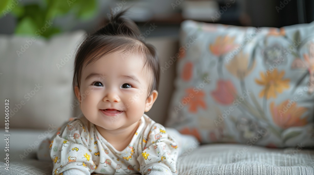 Asian baby girl smiling and sitting on sofa Asian baby girl smiling and sitting on sofa