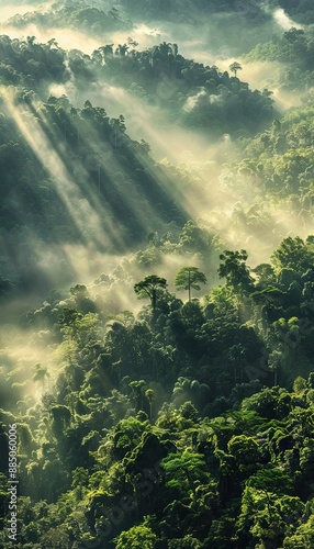 Aerial view of a lush, misty rainforest with sun rays filtering through the dense canopy, creating a serene and mystical atmosphere.