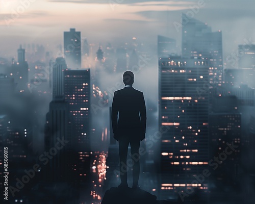 Silhouette of Businessman Overlooking Foggy City Skyline at Dusk - Illustration of Urban Ambition and Opportune Moment