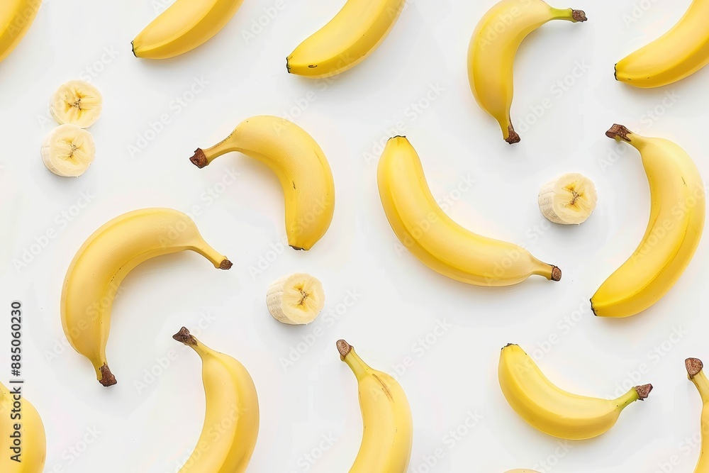 Pattern of whole and sliced yellow bananas, showcasing tropical fruit and healthy nutrition, arranged in a visually appealing, fresh, and organic display Pattern of whole and sliced yellow bananas, showcasing tropical fruit and healthy nutrition, arranged in a visually appealing, fresh, and organic display