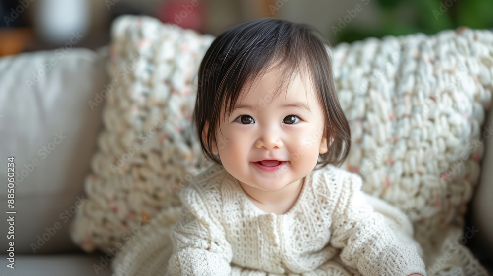 Asian baby girl smiling and sitting on sofa Asian baby girl smiling and sitting on sofa
