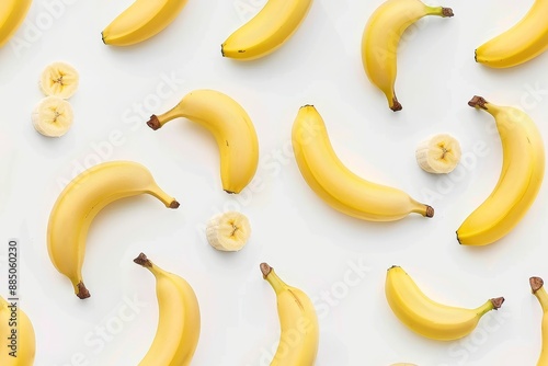 Pattern of whole and sliced yellow bananas, showcasing tropical fruit and healthy nutrition, arranged in a visually appealing, fresh, and organic display