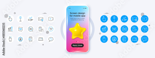 Video camera, Recovery data and Verified mail line icons. Phone mockup with 3d star icon. Pack of Smartphone notification, Swipe up, 360 degrees icon. Vector