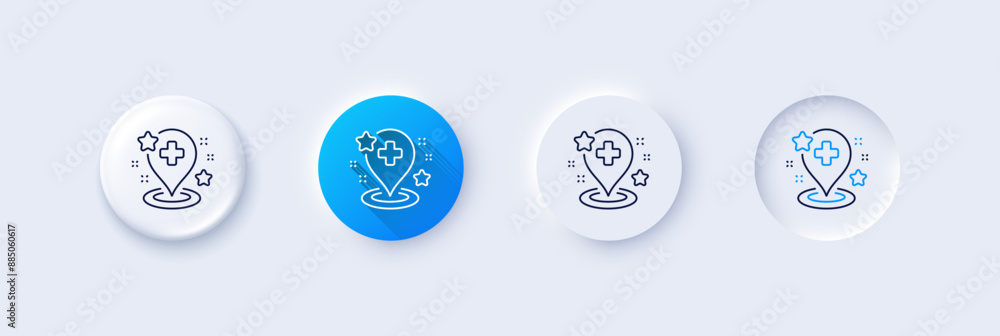 Hospital line icon. Neumorphic, Blue gradient, 3d pin buttons. Medical place sign. Location map pin symbol. Line icons. Neumorphic buttons with outline signs. Vector Hospital line icon. Neumorphic, Blue gradient, 3d pin buttons. Medical place sign. Location map pin symbol. Line icons. Neumorphic buttons with outline signs. Vector