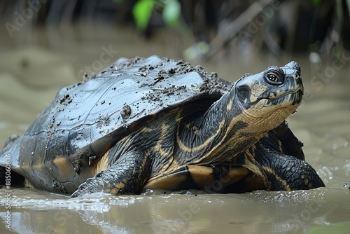 A Yangtze giant softshell turtle emerging from a muddy riverbank, its large, flat shell and elongated neck seen clearly in the afternoon light. 