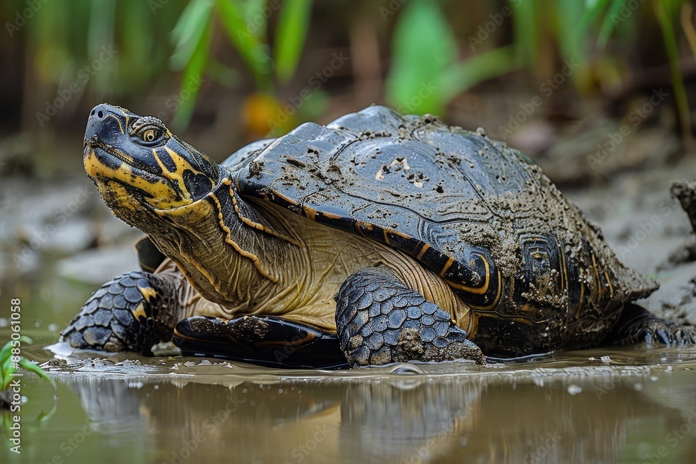 Fototapeta premium A Yangtze giant softshell turtle emerging from a muddy riverbank, its large, flat shell and elongated neck seen clearly in the afternoon light. 