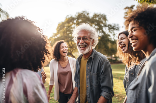Group Of Diverse Friends Laughing And Enjoying A Sunny Day Outdoors In The Park Together