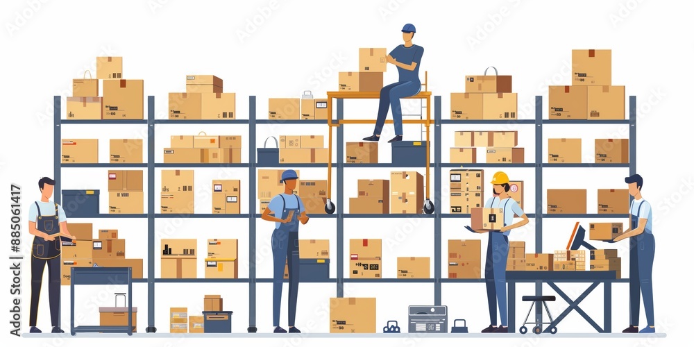 Illustration of a busy warehouse scene where workers in yellow safety helmets and uniforms efficiently manage and organize inventory. Illustration of a busy warehouse scene where workers in yellow safety helmets and uniforms efficiently manage and organize inventory.
