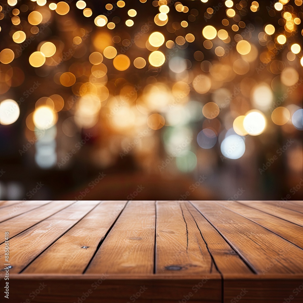 Empty wooden table for product display with defocused bokeh Christmas fair lights background Empty wooden table for product display with defocused bokeh Christmas fair lights background