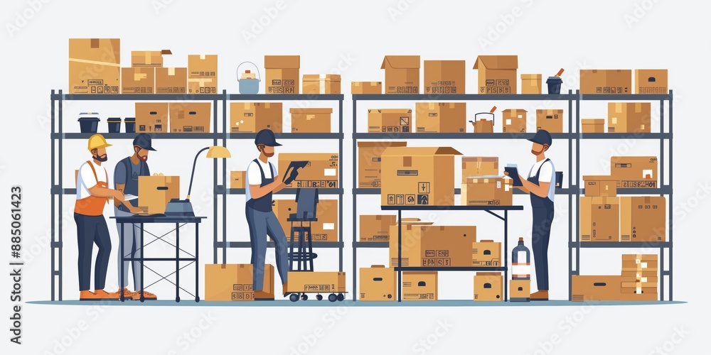Illustration of a busy warehouse scene where workers in yellow safety helmets and uniforms efficiently manage and organize inventory. Illustration of a busy warehouse scene where workers in yellow safety helmets and uniforms efficiently manage and organize inventory.