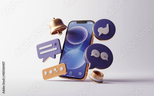 A sleek and modern 3D illustration of social media icons, including a smartphone, bell notification, like button, speech bubble message, and a chat emoticon. photo