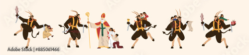 Krampus, Christmas pagan devil, bad folklore character visiting naughty kids. Horned evil Santa punishing children, set. Xmas horror, demon goat, myth monster. Isolated flat vector illustrations