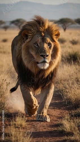 Majestic Male Lion Striding Across African Plain