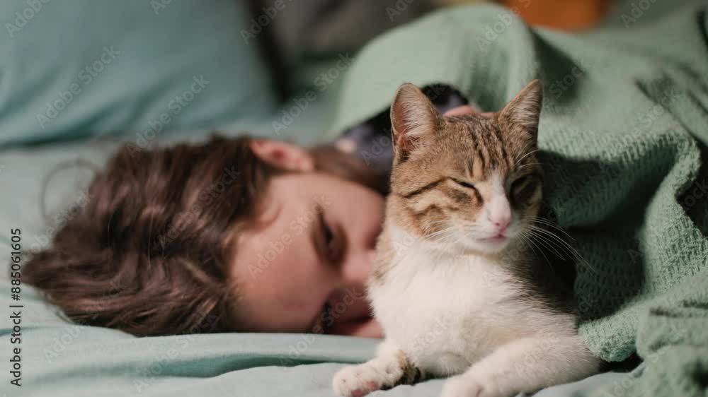 boy sleeps next to cat, the cat sleeps with the child. child's dream. friendship between an animal and a child. boy sleeps next to cat, the cat sleeps with the child. child's dream. friendship between an animal and a child.