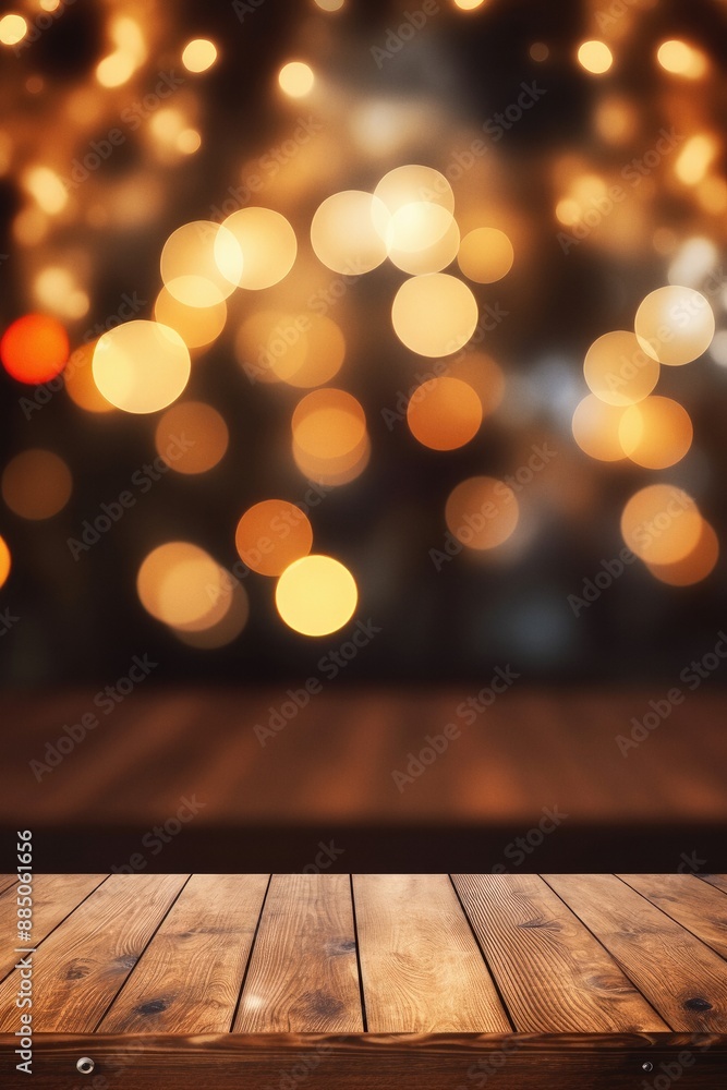 Empty wooden table for product display with defocused bokeh Christmas fair lights background Empty wooden table for product display with defocused bokeh Christmas fair lights background