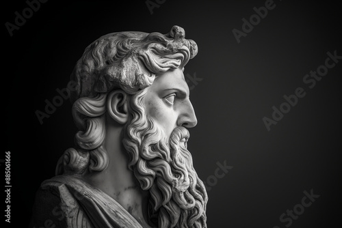 greek statue of a Zeus god of Olympus with a on dark background, marble sculpture bust