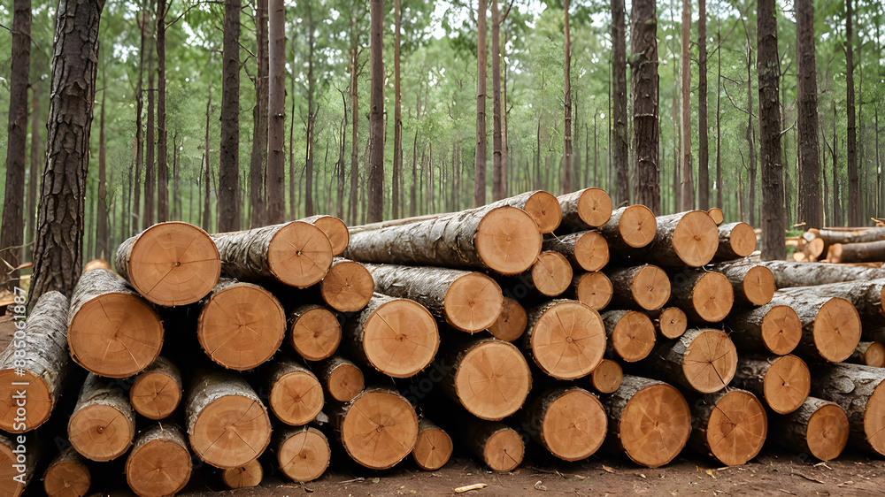 Photo of a pile of natural wooden logs. Stacks of lumber. Stack of hardwood logs. Deforestation, forest destruction. Photo of a pile of natural wooden logs. Stacks of lumber. Stack of hardwood logs. Deforestation, forest destruction.