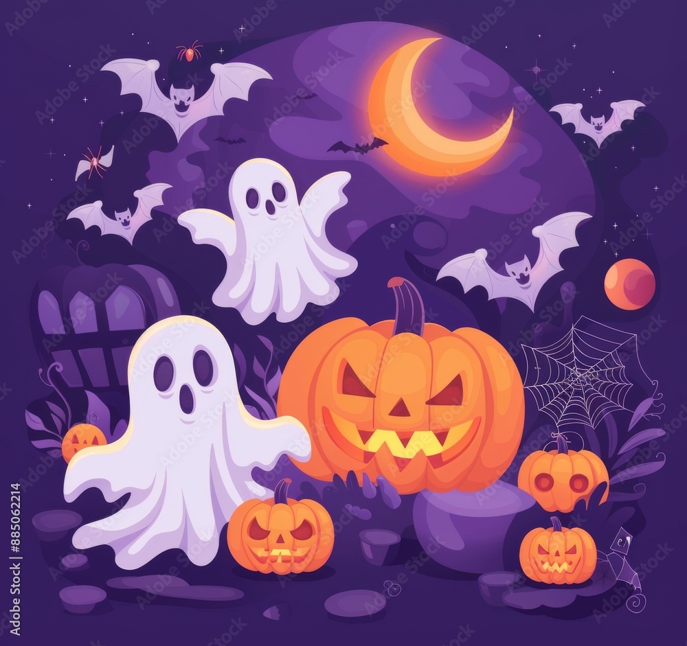 illustration of cartoon cute pumpkins, moon and ghost on purple background for Halloween festival design. illustration of cartoon cute pumpkins, moon and ghost on purple background for Halloween festival design.