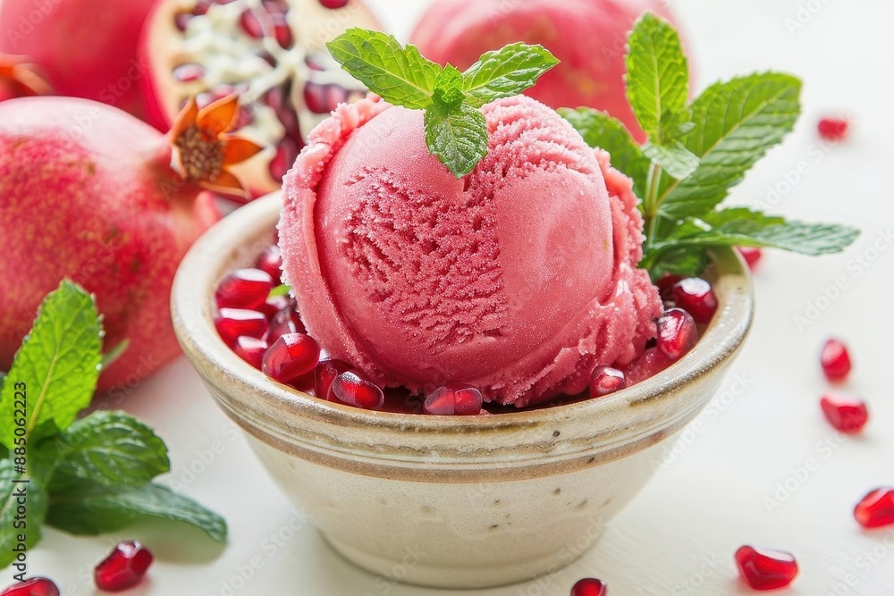 Pomegranate sorbet in a small bowl, garnished with mint and fresh seeds, pomegranate sorbet, refreshing dessert and summer treat Pomegranate sorbet in a small bowl, garnished with mint and fresh seeds, pomegranate sorbet, refreshing dessert and summer treat