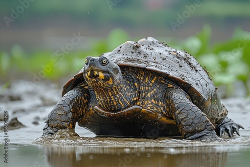 A Yangtze giant softshell turtle emerging from a muddy riverbank, its large, flat shell and elongated neck seen clearly in the afternoon light.  photo