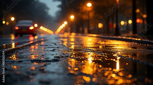 Raindrops on the asphalt in the city at night. Shallow depth of field. photo