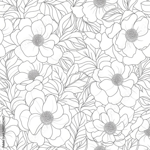 A seamless pattern with outline flowers for a coloring book, a beautiful floral background