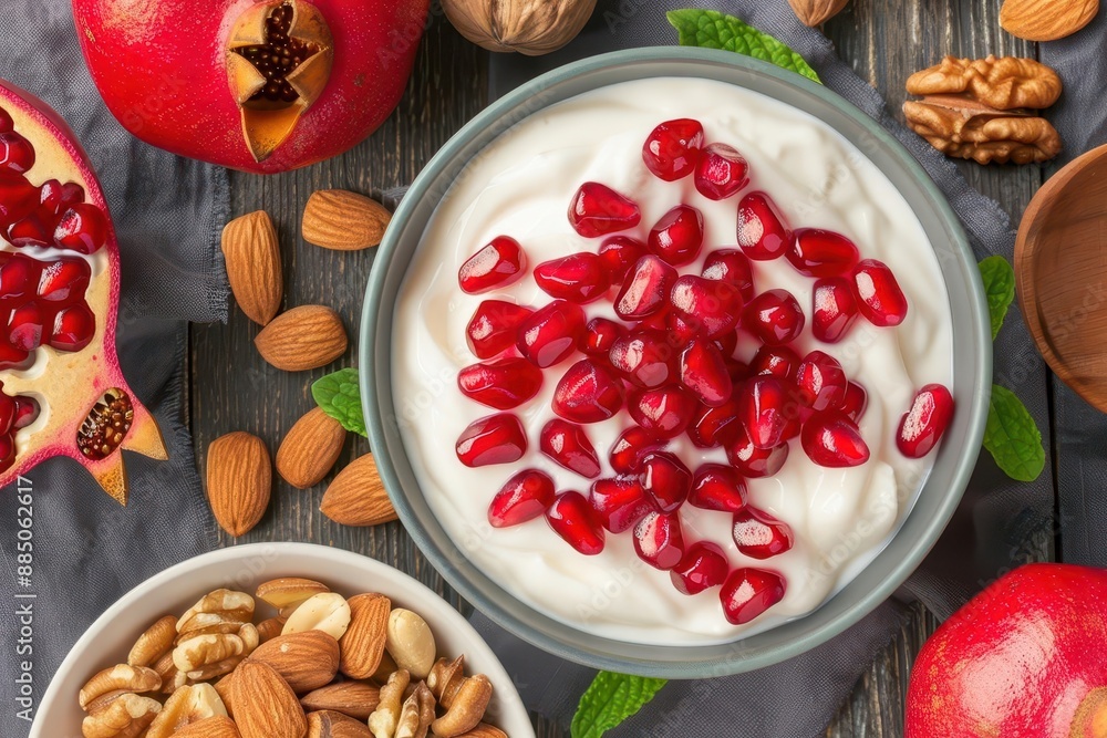 A bowl of yogurt topped with pomegranate seeds, surrounded by almonds, walnuts, and mint leaves. Photographed from above. A bowl of yogurt topped with pomegranate seeds, surrounded by almonds, walnuts, and mint leaves. Photographed from above.