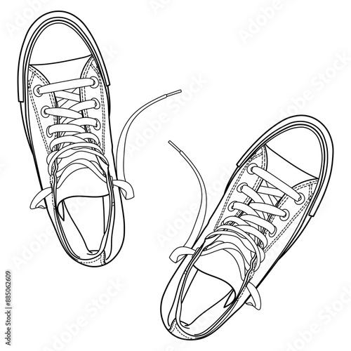 Classic high top sneakers, gym shoes. Classic vintage style, side and top view. Hand drawn detailed outline vector illustration.