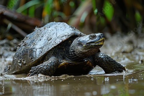 A Yangtze giant softshell turtle emerging from a muddy riverbank, its large, flat shell and elongated neck seen clearly in the afternoon light.  photo