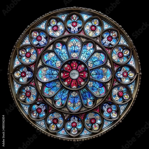 Circular stained glass window, front view, colorful rose window of cathedral, gothic style, isolated on black.