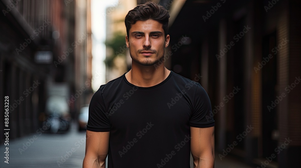 Male latin model in a classic black cotton t-shirt on a city street Male latin model in a classic black cotton t-shirt on a city street