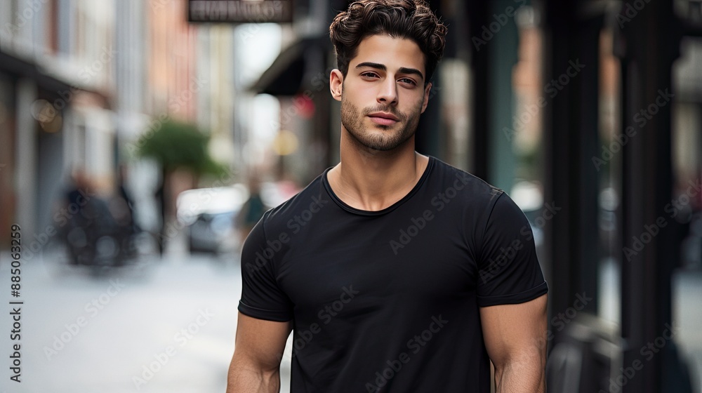 Male latin model in a classic black cotton t-shirt on a city street Male latin model in a classic black cotton t-shirt on a city street