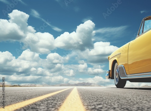 Close-up of a retro car on the road with a blue sky and clouds in the background. photo