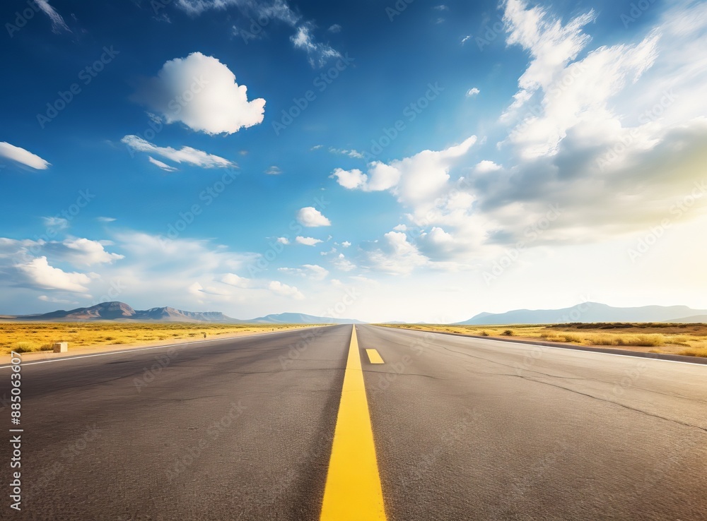 Naklejka premium Asphalt road in the sunset sky with clouds and sun rays.